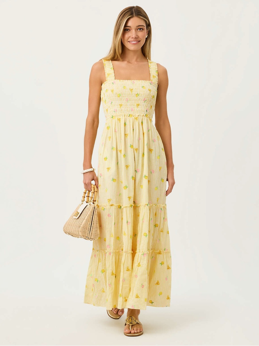 NEW Lilly Pulitzer Hadly Smocked Maxi Dress Size S Estelle Yellow Embroidered 18 - Picture 1 of 15